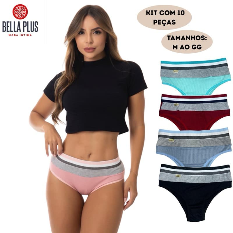 Kit 10 Peças Calcinha Algodão Canelado Elástico Conforto Tanga Lingerie Atacado