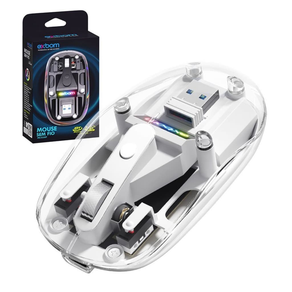 Mouse Sem Fio Recarregável translucido RGB Dual Modo Wireless 2.4g + Bluetooth MS-S350T EXBOM