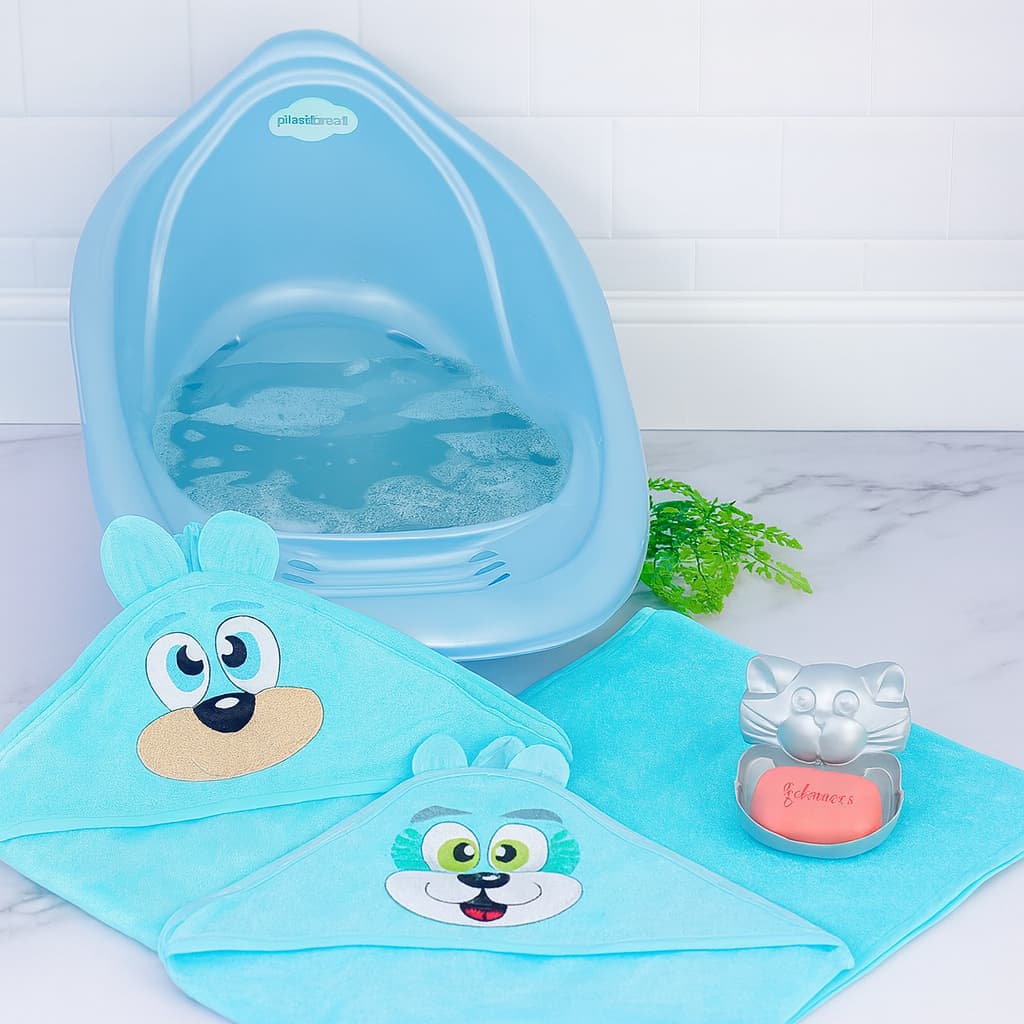 Kit Banheira 22 Litros Plastibaby + Toalha +  MENINO