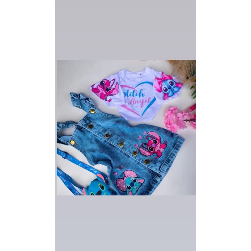 Salopete stitch e Angel jeans/ conjunto/ salopete/ calças. infantil Menina Estilosa, Moda blogueirinha