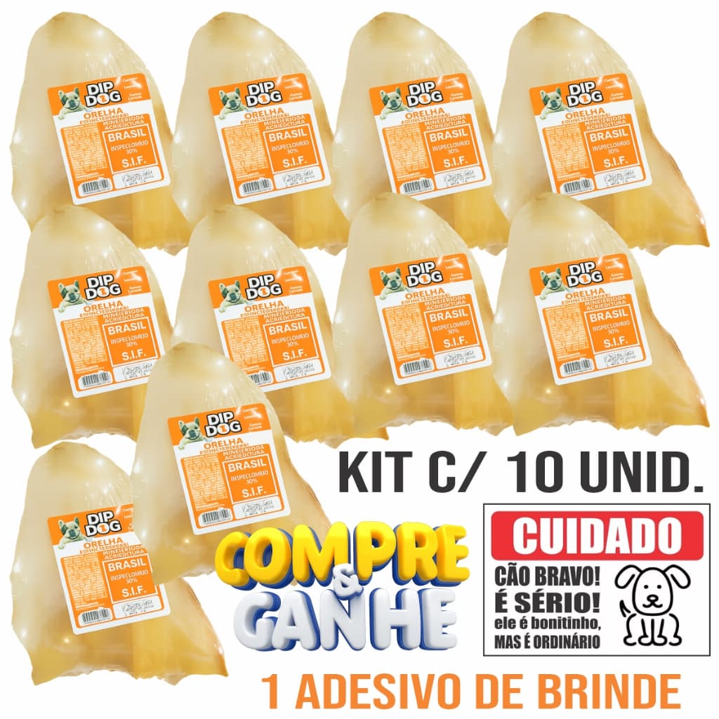 Orelha Bovina Comestivel Desidratada Natural Petisco Cachorro Dip Dog Kit 10 unid envio rapido