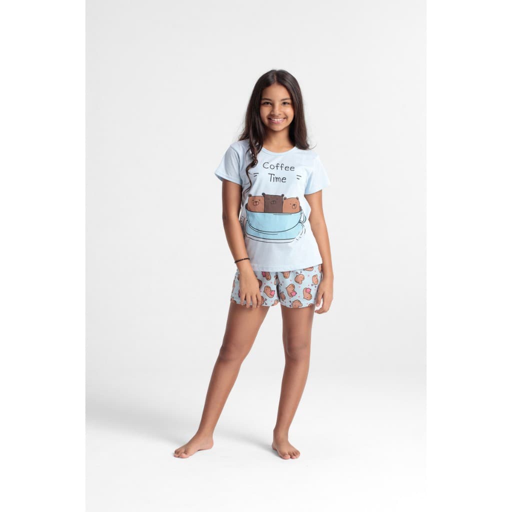 Pijama Juvenil Feminino Camiseta E Shorts 100% Algodão