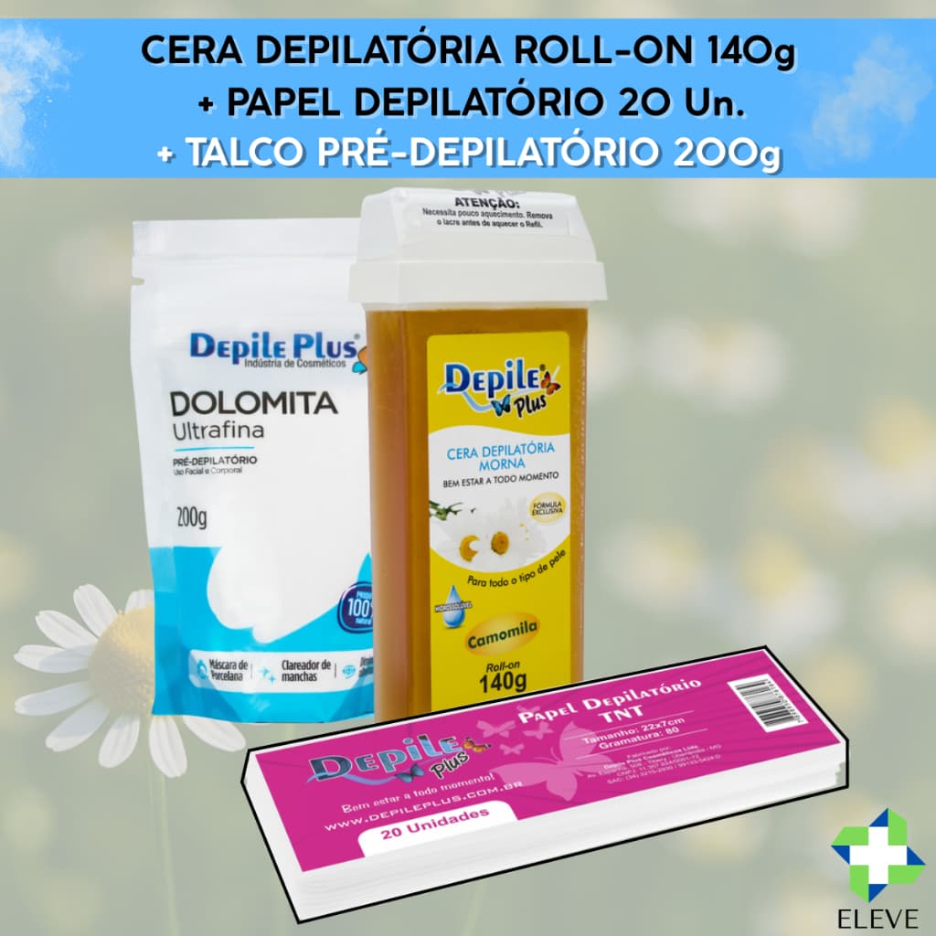 Kit Cera Depilatória Hidrossolúvel Roll-On 140g Depile Plus + 20 Un. Papel Depilação + Talco Pré-Depilatório 200g