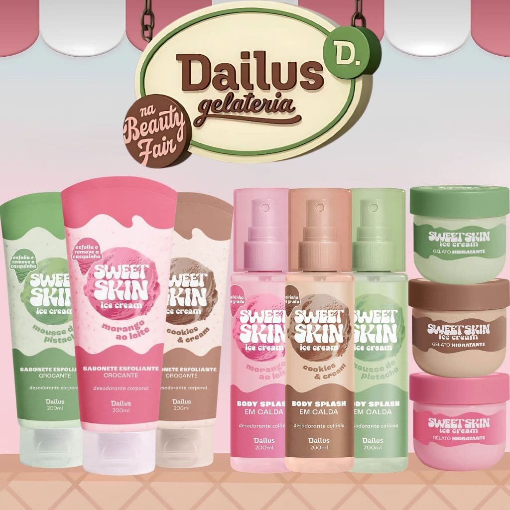 Kit Dailus Sweet Skin Ice Crem Gelato Sabonete Esfoliante Hidratante Pistache Cookie e Morango