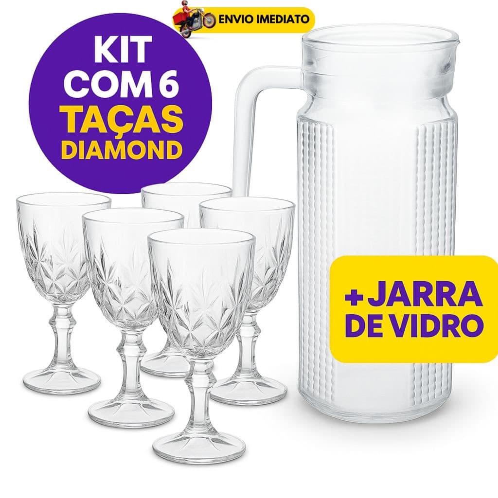Jogo de Taças Copo Diamante + Jarra De Vidro Suíça 1 Litro Para Suco Água Vidro Resistente Transparente com Tampa