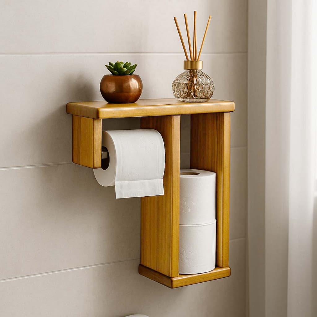 Suporte Porta Papel Higiênico 3 Rolos Prateleira Decoração Banheiro Madeira
