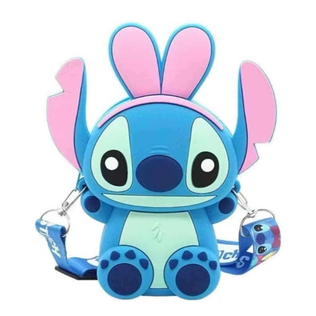 Bolsa Stitch Silicone Azul Rosa Pequena Porta Celular Tiracolo Ajustável Feminina Infantil