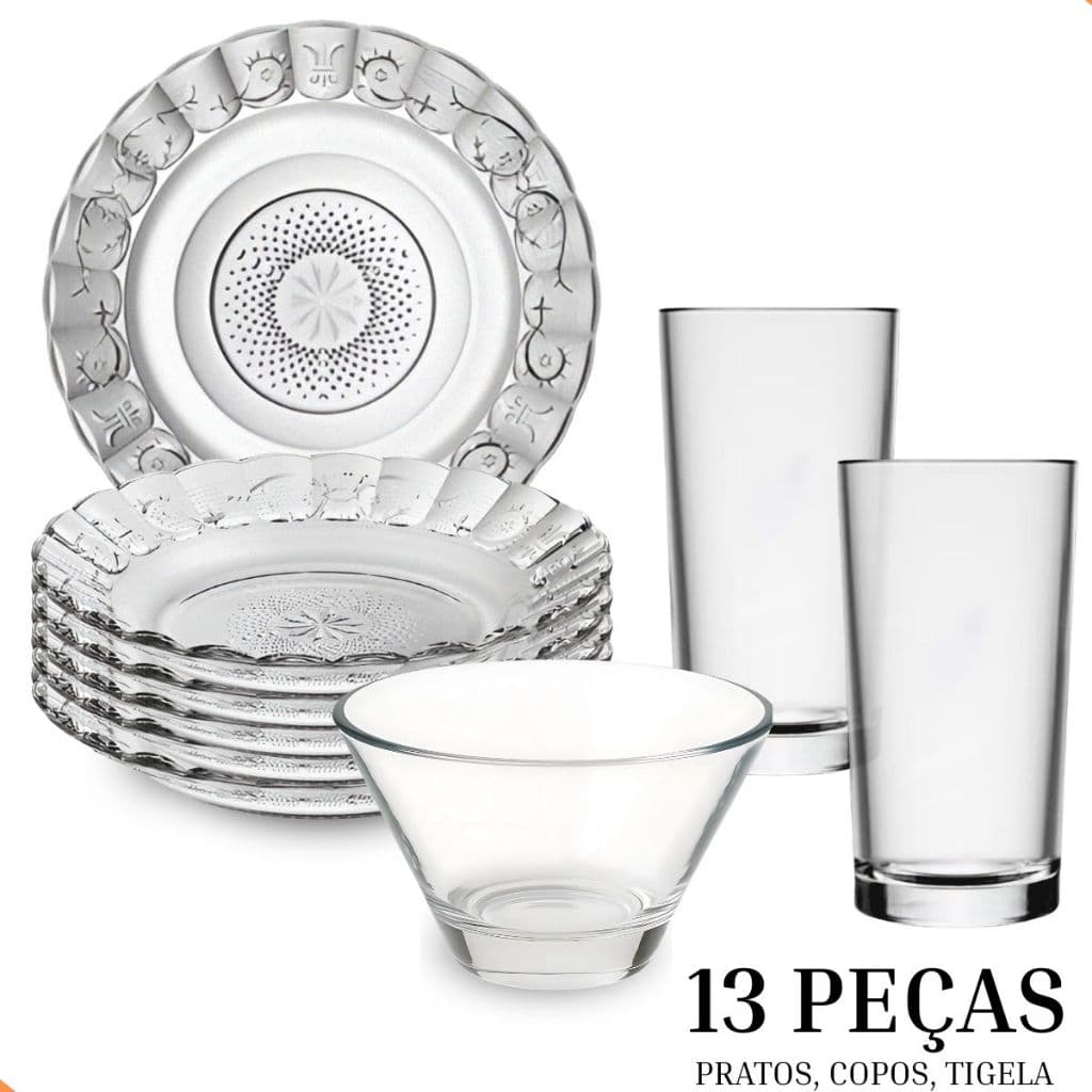 Jogo De Pratos Fundos C/13 Peças Aparelho De Jantar Em Vidro