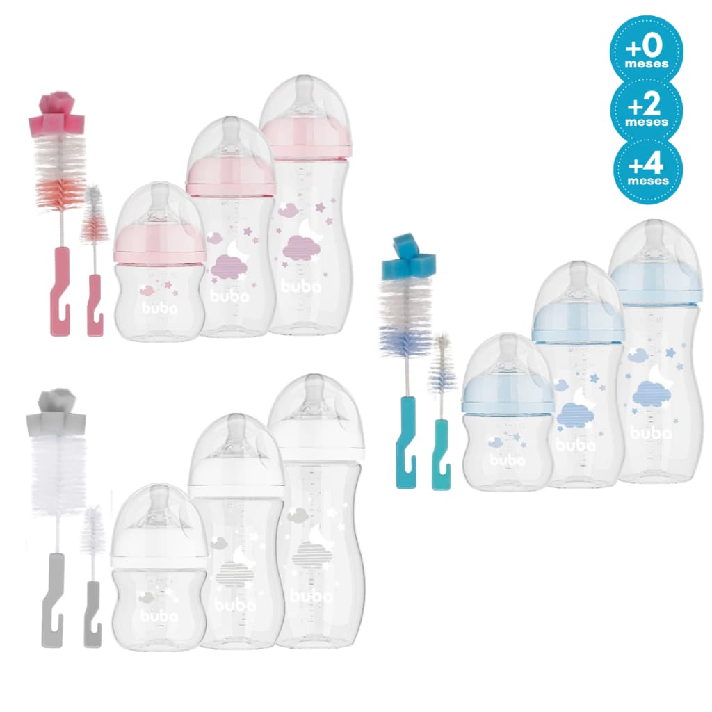 Kit Mamadeiras Buba Anticolica 120/270/330 ml Bico Redondo Tampa Antivazamento + Escova de Lavar