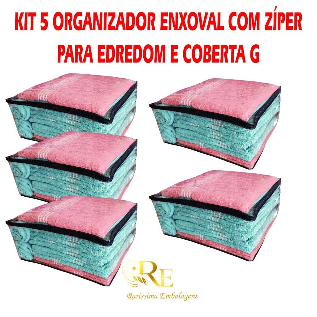 Kit 5 Saco Organizador zíper Cobertor Casaco Guarda Roupa Anti-Poeira Anti-Umidade Multiuso 48 x 42 x 24