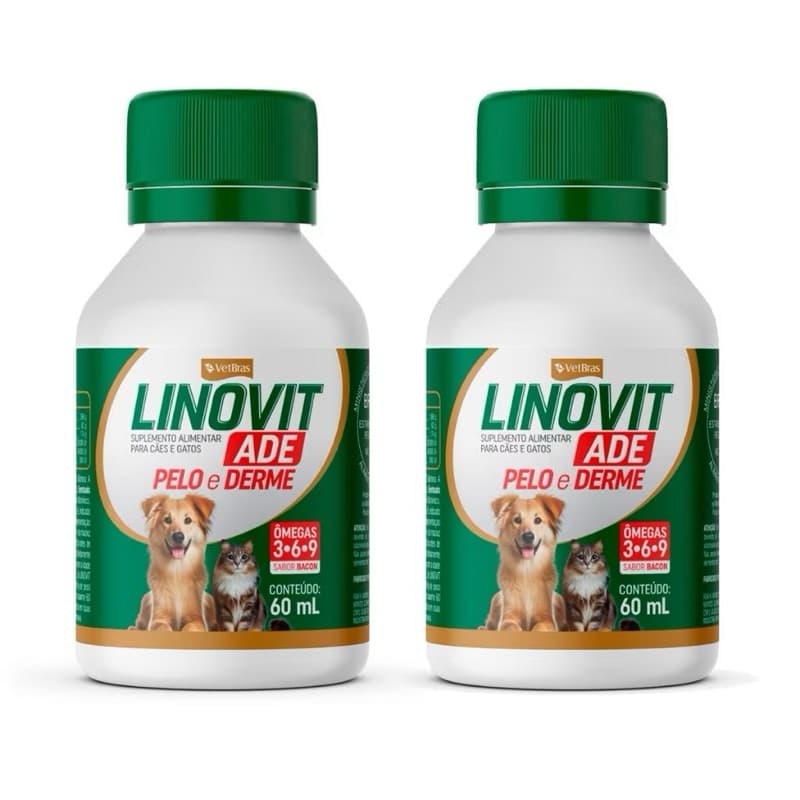 Kit C/ 2 Suplemento Vitaminico Linovit ADE Para Cães e Gatos Sabor Bacon 60ml