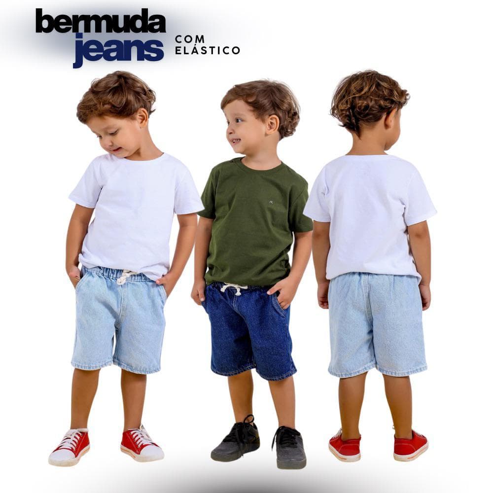 Bermuda Jeans Infantil Menino Bebê Roupa Casual Cós Elástico e Cordão, 01, 02, 03, 04, 05, 06Anos