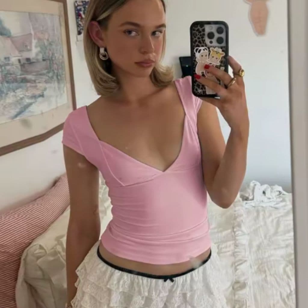 Blusa Manga Curta Decote V Poliamida Moda Verão Aesthetic Coquette