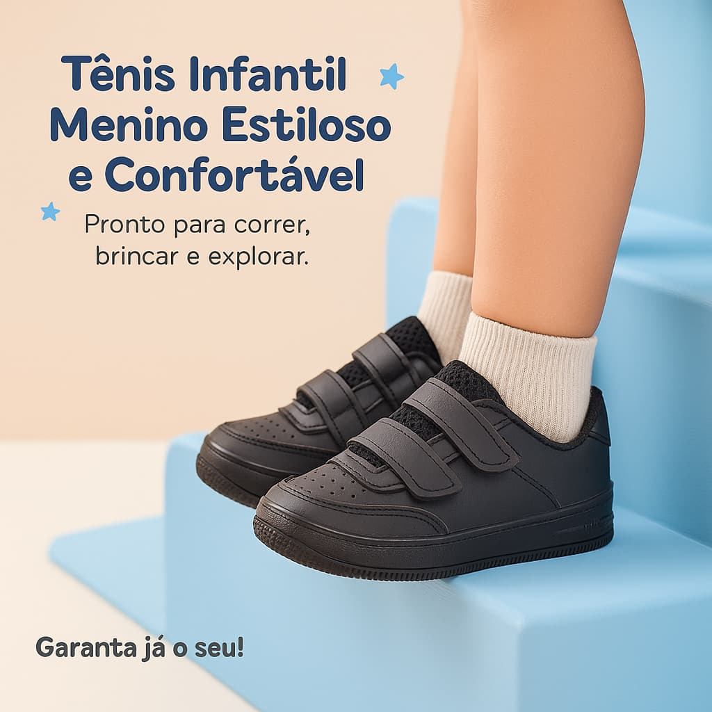 Tênis Velcro Preto Infantil Menino - Estiloso e Confortável - 20 ao 33 Envio Imediato