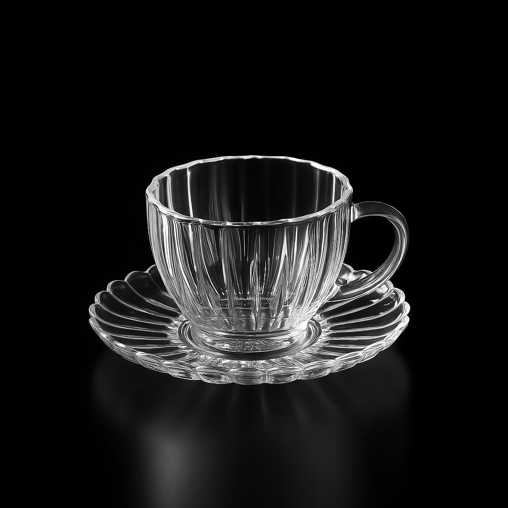 Conjunto Xícaras de Cha e Cafe 12 Peças Com Pires Petala Transparente Cristal Vidro 200ml Decorada