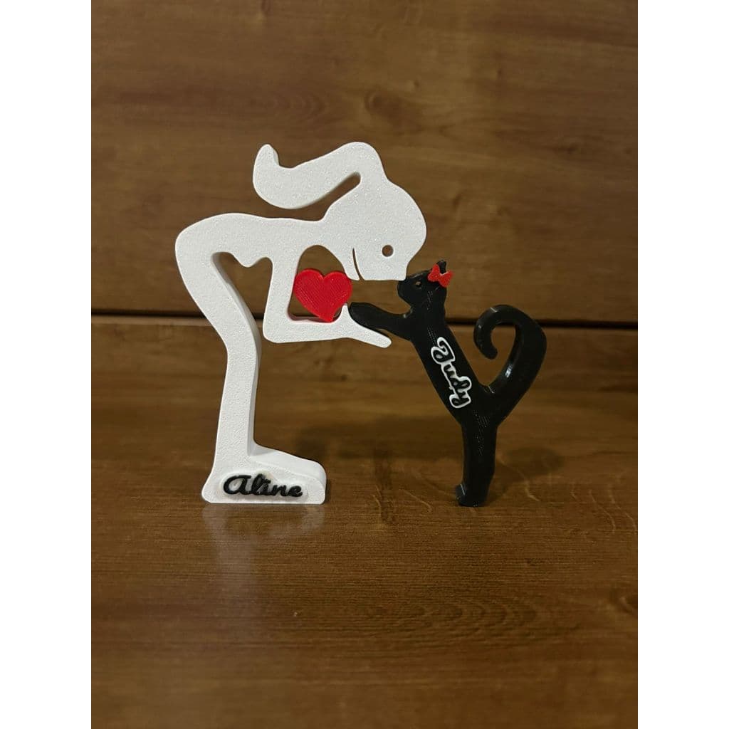 Escultura Menina Coração e Gato - Humano Love Gato -  Decoração Pet De Mesa - Quarto - Sala