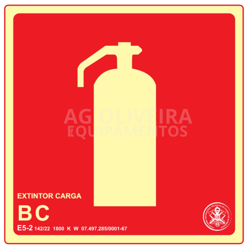 Placa de Sinalização Fotoluminescente E5.2 Extintor Pó Químico BC Normativa Bombeiro 19x19 cm
