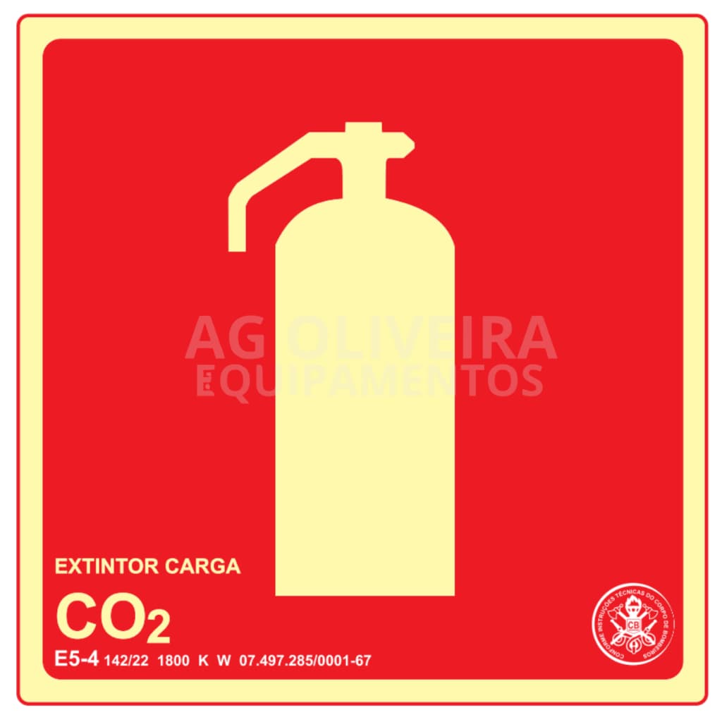 Placa de Sinalização Fotoluminescente E5.4 Extintor CO2 Normativa Bombeiro 19x19 cm