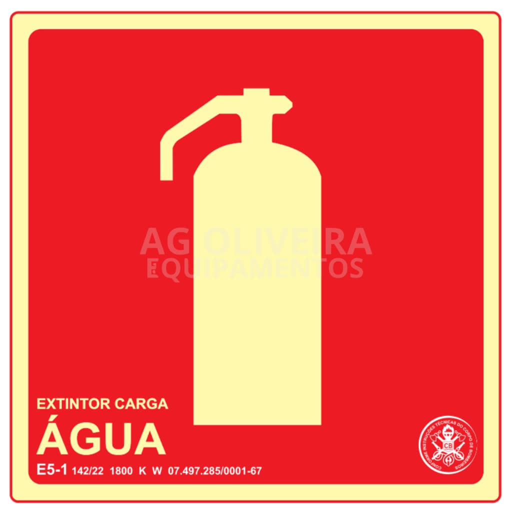 Placa de Sinalização Fotoluminescente E5.1 Extintor Água Normativa Bombeiro 19x19 cm