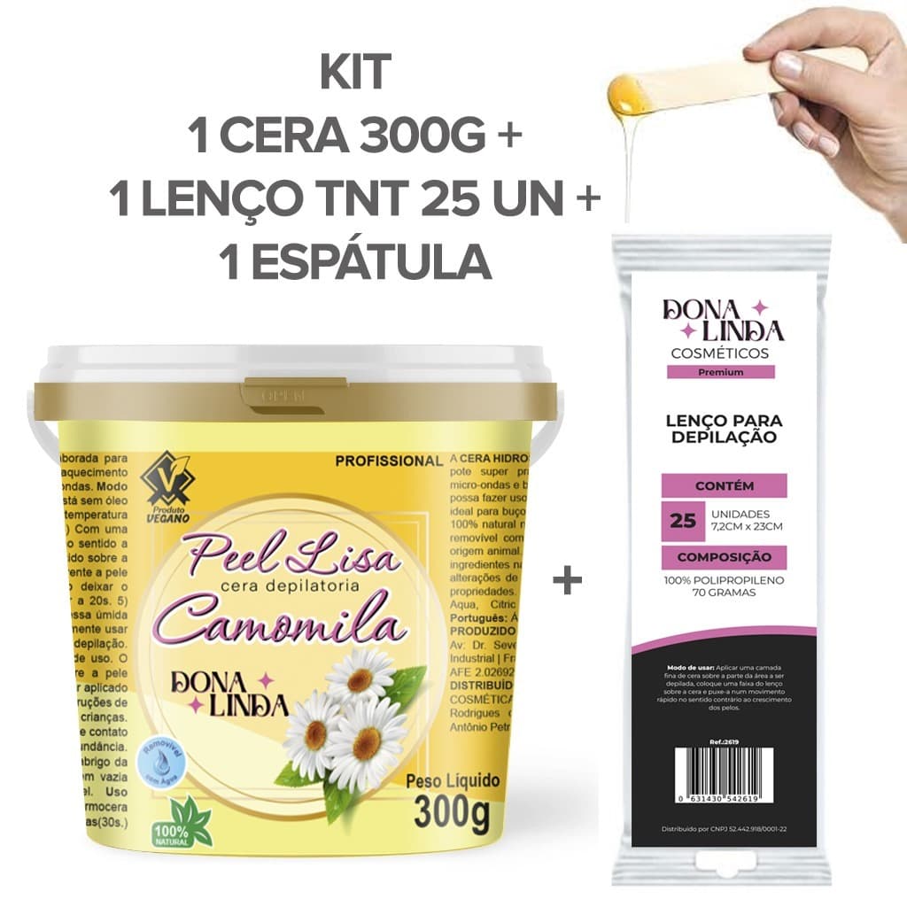 Kit Cera Hidrossolúvel Camomila Peel Lisa 300g + 25 Lenços TNT + Espátula | Depilação Suave