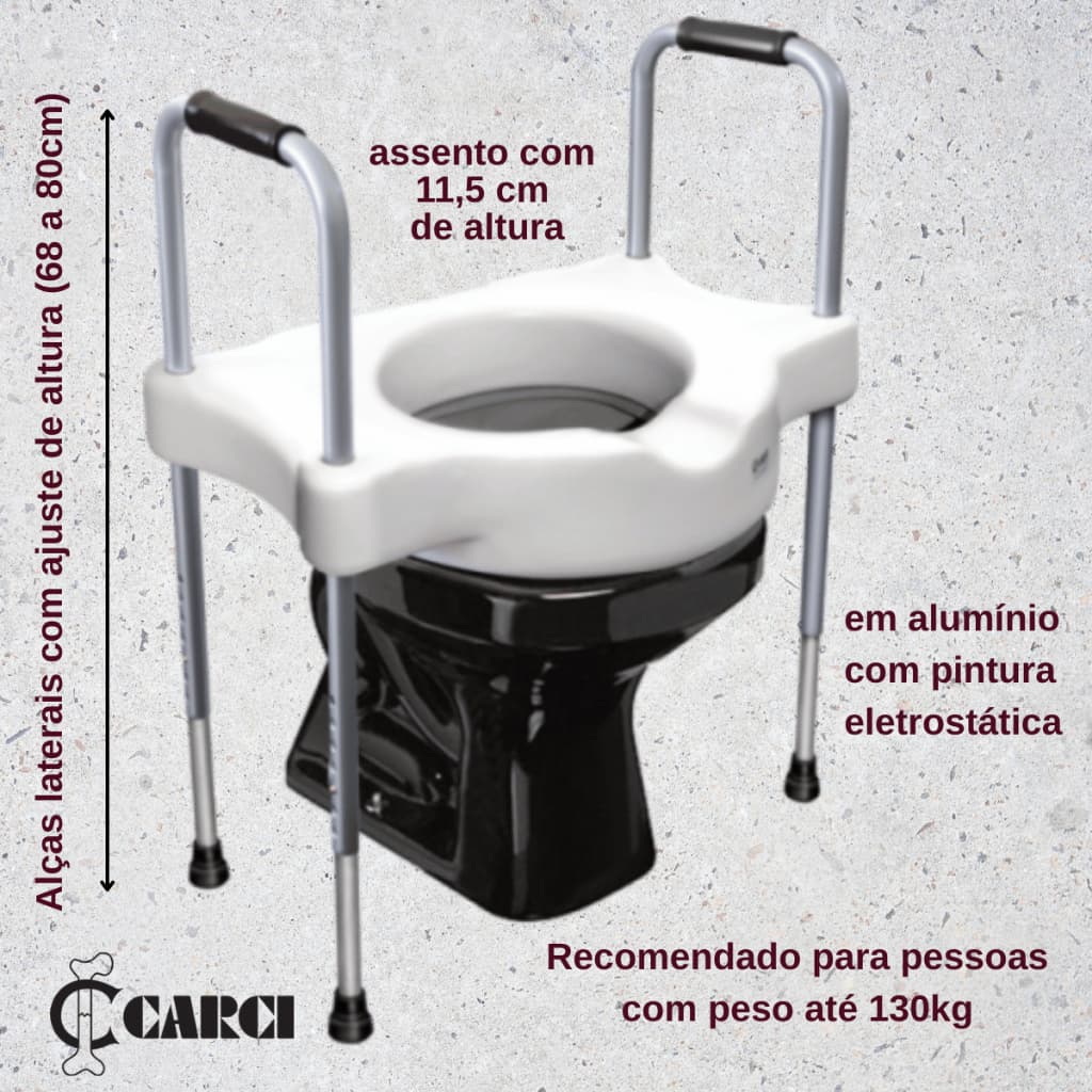 Assento Sanitário Elevado c/Alças Reguláveis - SIT V - CARCI - ideal para idosos e portadores de necessidades especiais.