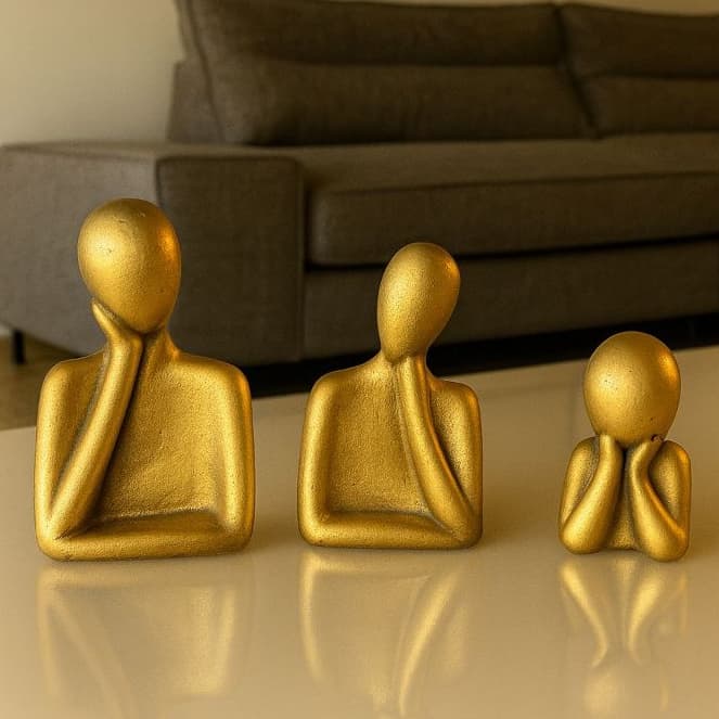 Kit 3 Peças Ouro Envelhecido Moderna para Sala e Escritório Esculturas Decorativas Abstratas Douradas