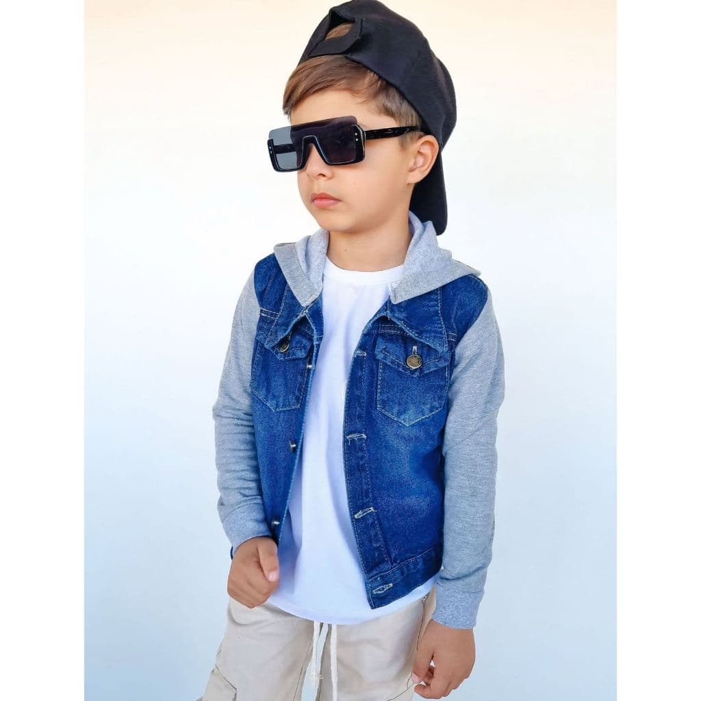 Jaqueta infantil masculina jeans com manga e capuz em moletom