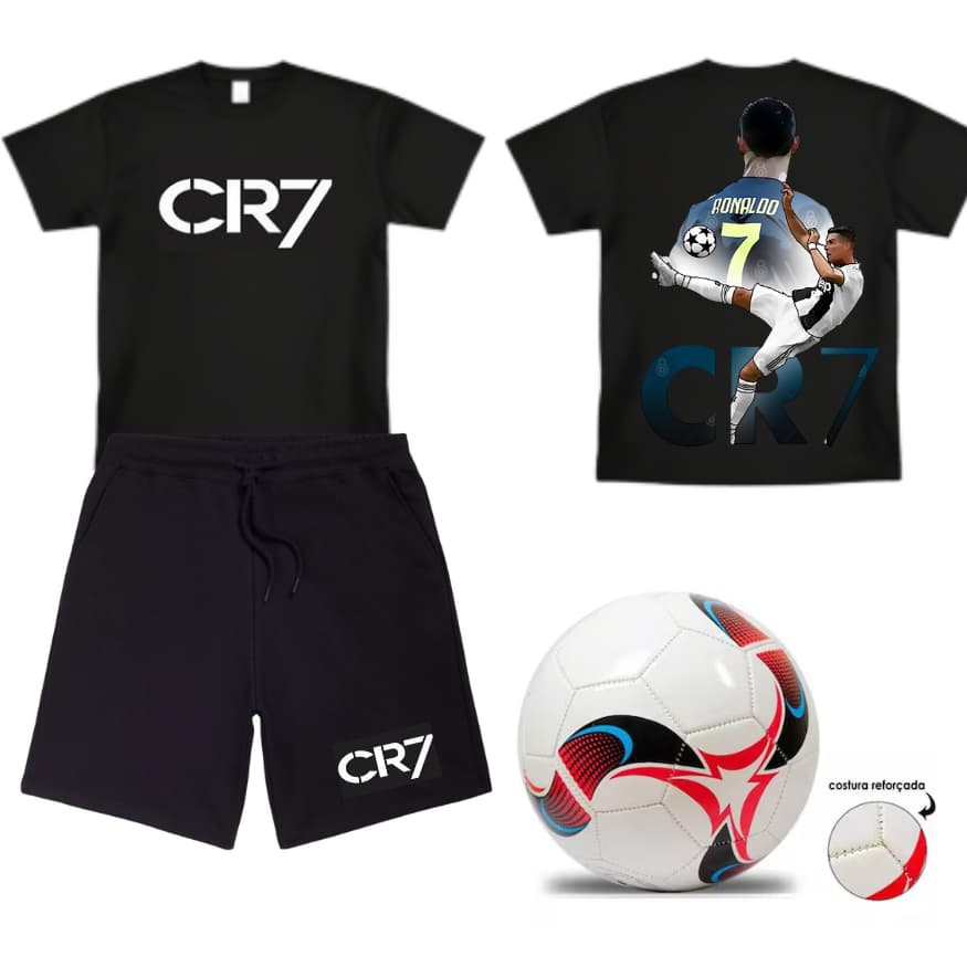 Conjunto CRSIATIANO RONALDO Infantil Juvenil Menino Estiloso CR7 Kit Verão Camisa E Bermuda + BOLA DE FUTEBOL