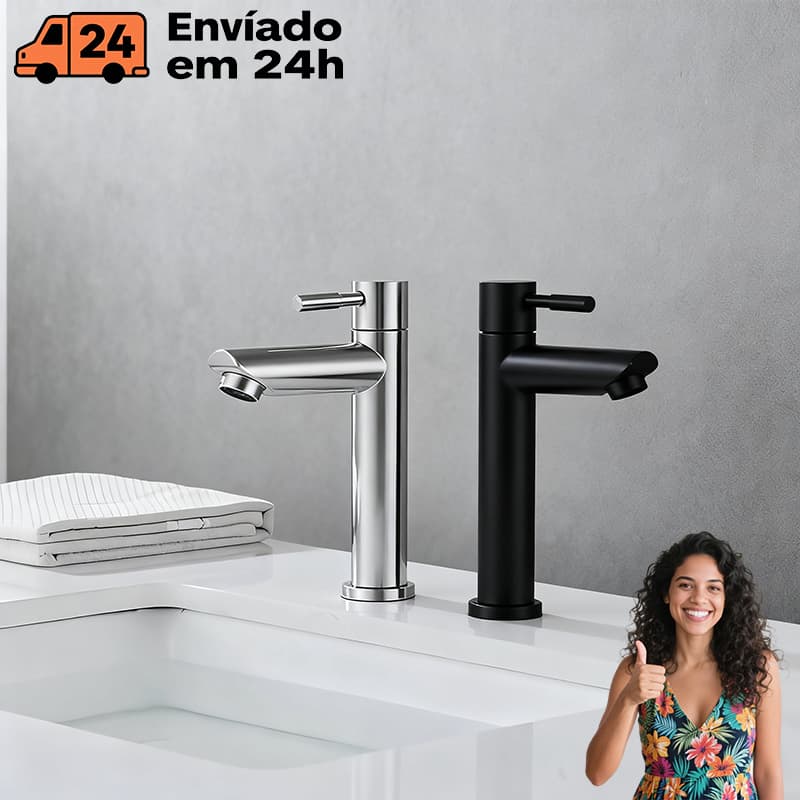 Torneira Banheiro Inox Premium Bancada Moderna Bacia preto/prata
