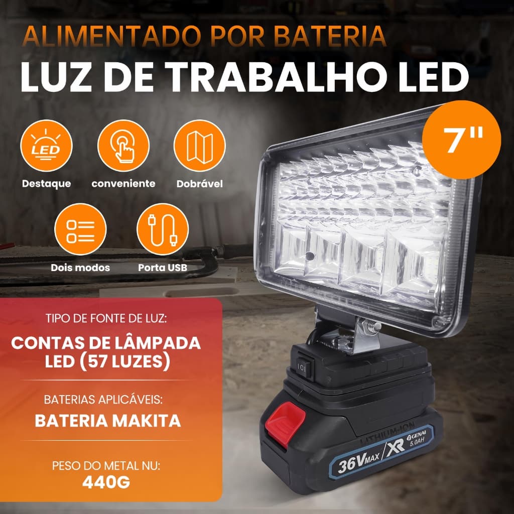 Luz LED de 7/5", bateria de 36 V 5,0 Ah - dobrável, 2 modos de brilho e porta USB - pode carregar seu telefone