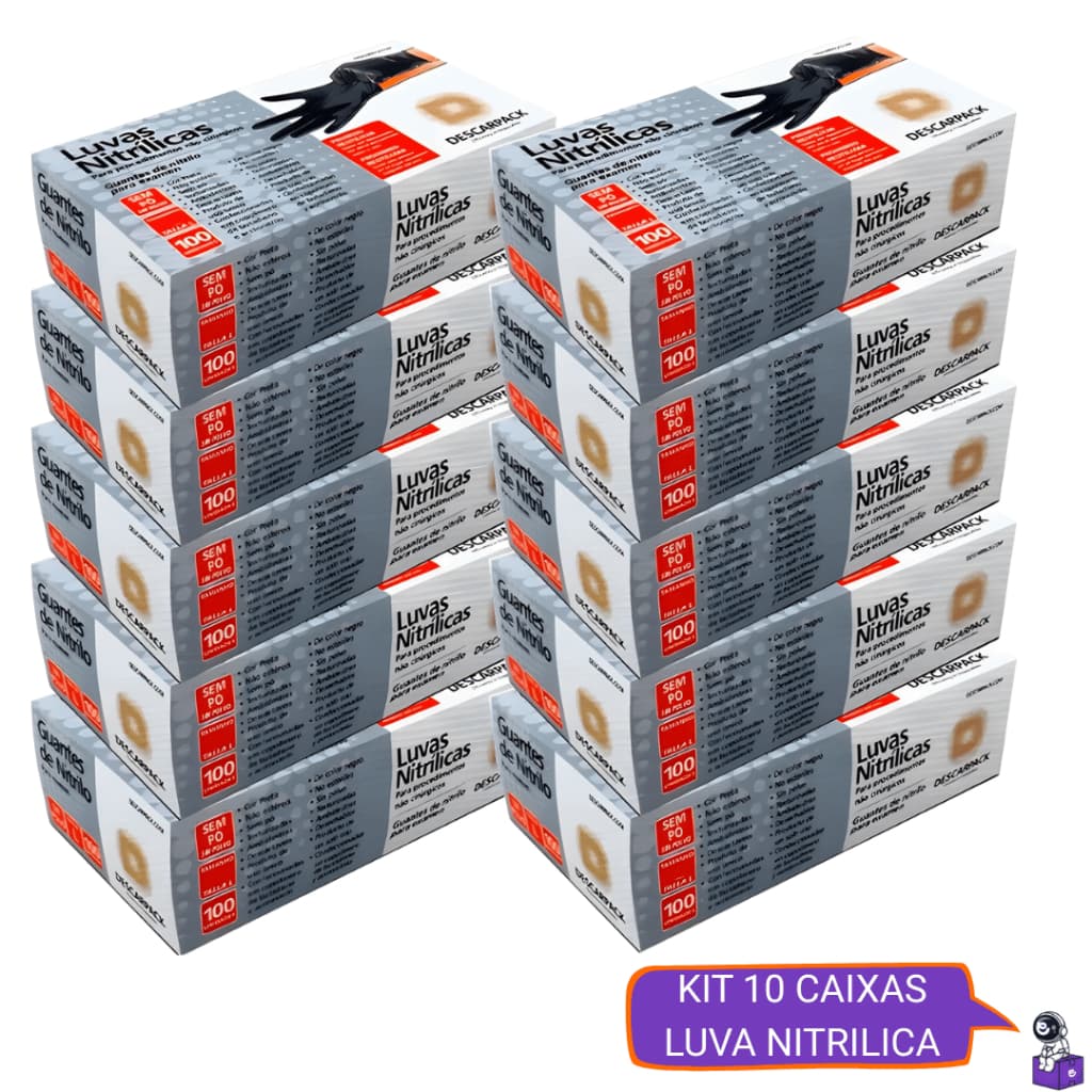 Kit 5 ou 10 Caixas Luva Nitrilica Preta Sem Pó Descartável 500 a 1.000 Unidades Uso Doméstico