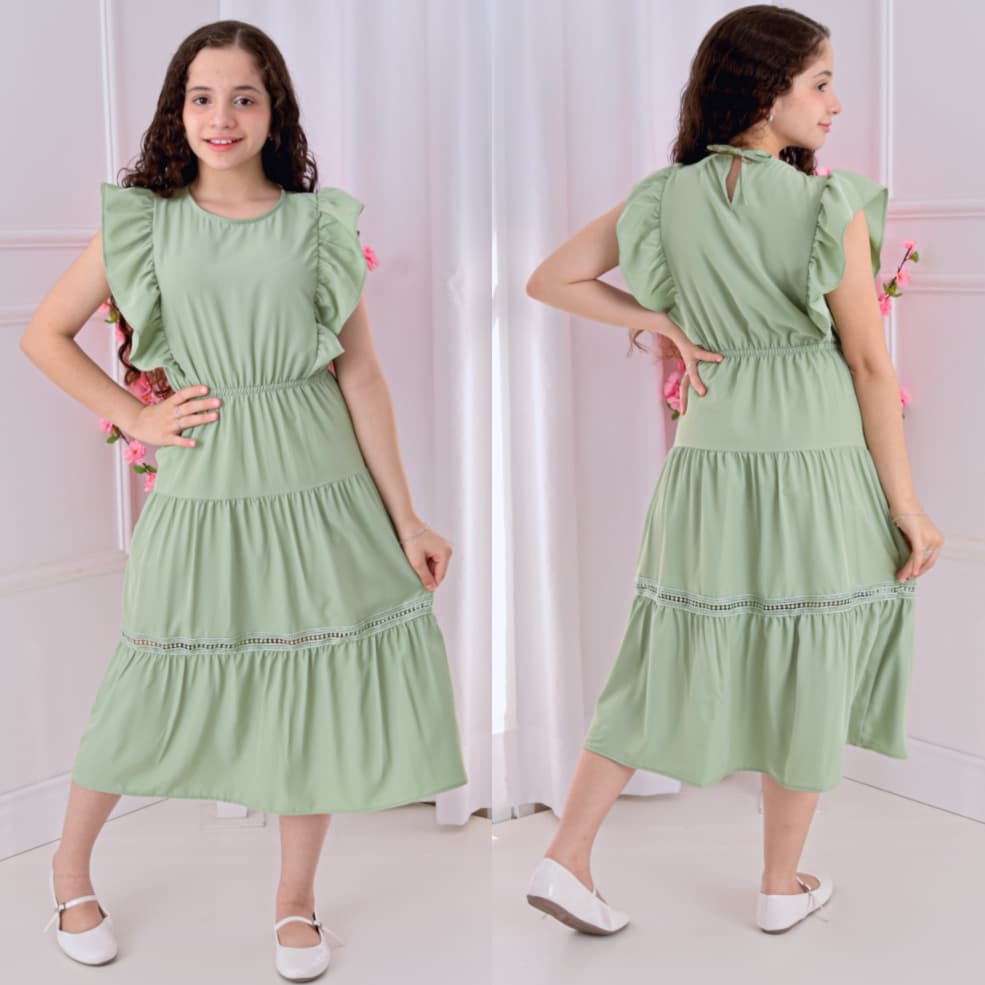 Vestido Infantil Juvenil Manga Babado Saia Três Maria com Renda  Elástico na Cintura