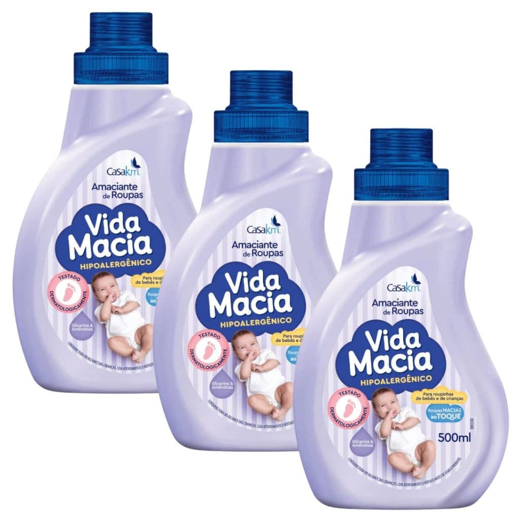 Kit 3 Unidades Amaciante Vida Macia Hipoalergênico Glicerina & Amêndoas 500ml Roupinha Bebê Crianças