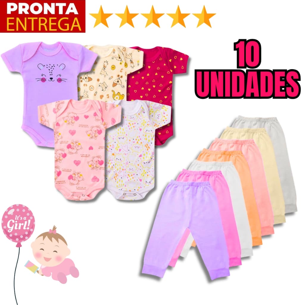Kit 10 Peças Roupinhas de Bebê Body E Mijão Para Menina