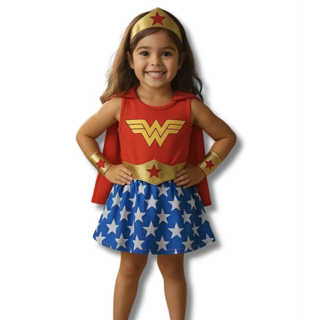 Fantasia Infantil Mulher Maravilha com Capa e acessórios 2 a 12 anos