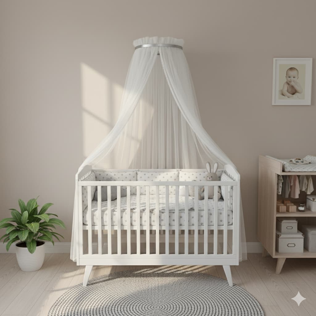 Mosquiteiro Berço Luxo + Dossel Dorcel Liso Prata Quarto Bebê Unisex