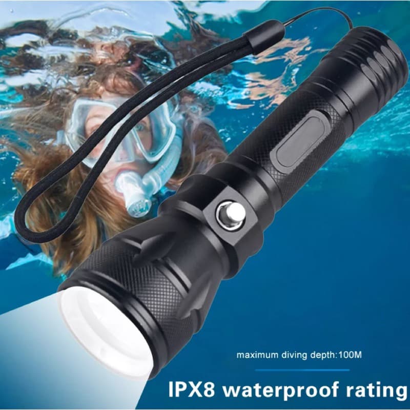 Lanterna Mergulho profissional 30 Metros Profundidade potente LED T6 Recarregável