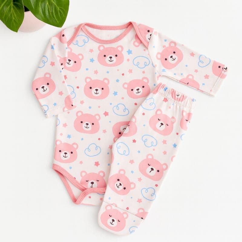 Conjunto de bebê body manga longa e calça 100% algodão antialérgico estampa do Urso Rosa bebe.