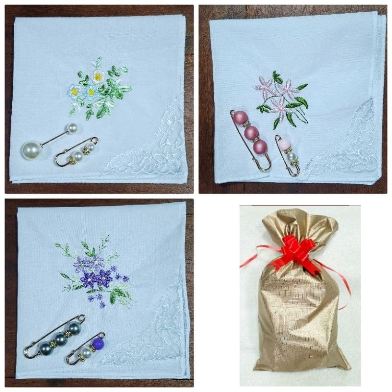 Lenço Bordado Renda + Broches Alfinetes Pérola + Embalagem Presente Feminino Vintage