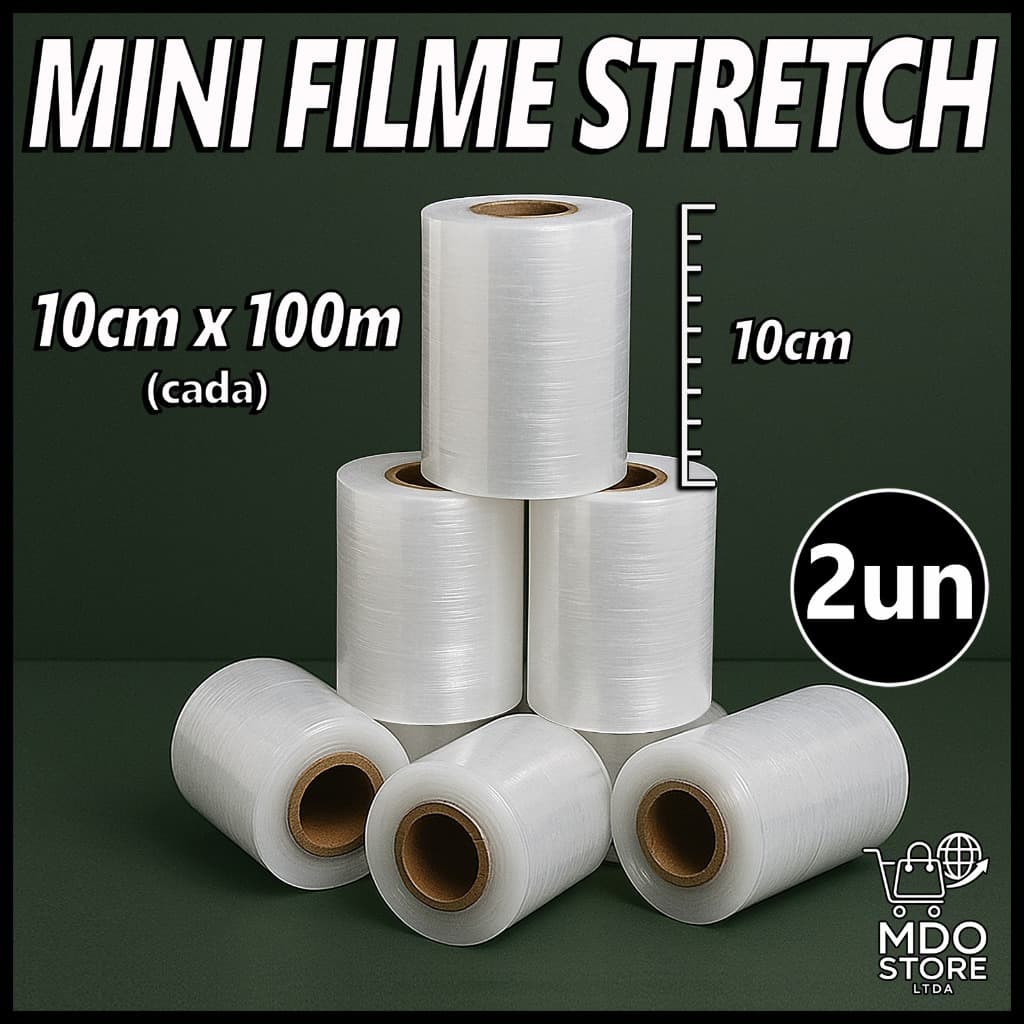 Filme Stretch Mini 2 Unidades 10cm x 100m - 300% Esticável Transparente Embalagem Proteção Atacado..