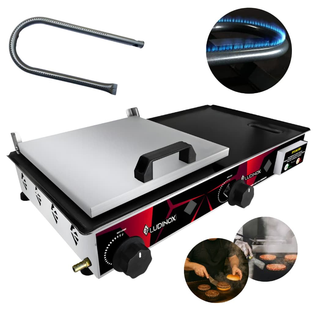 Chapa Chapeira À Gás 30x60 Para Lanche Hotdog Hamburguer Porções Com Prensa
