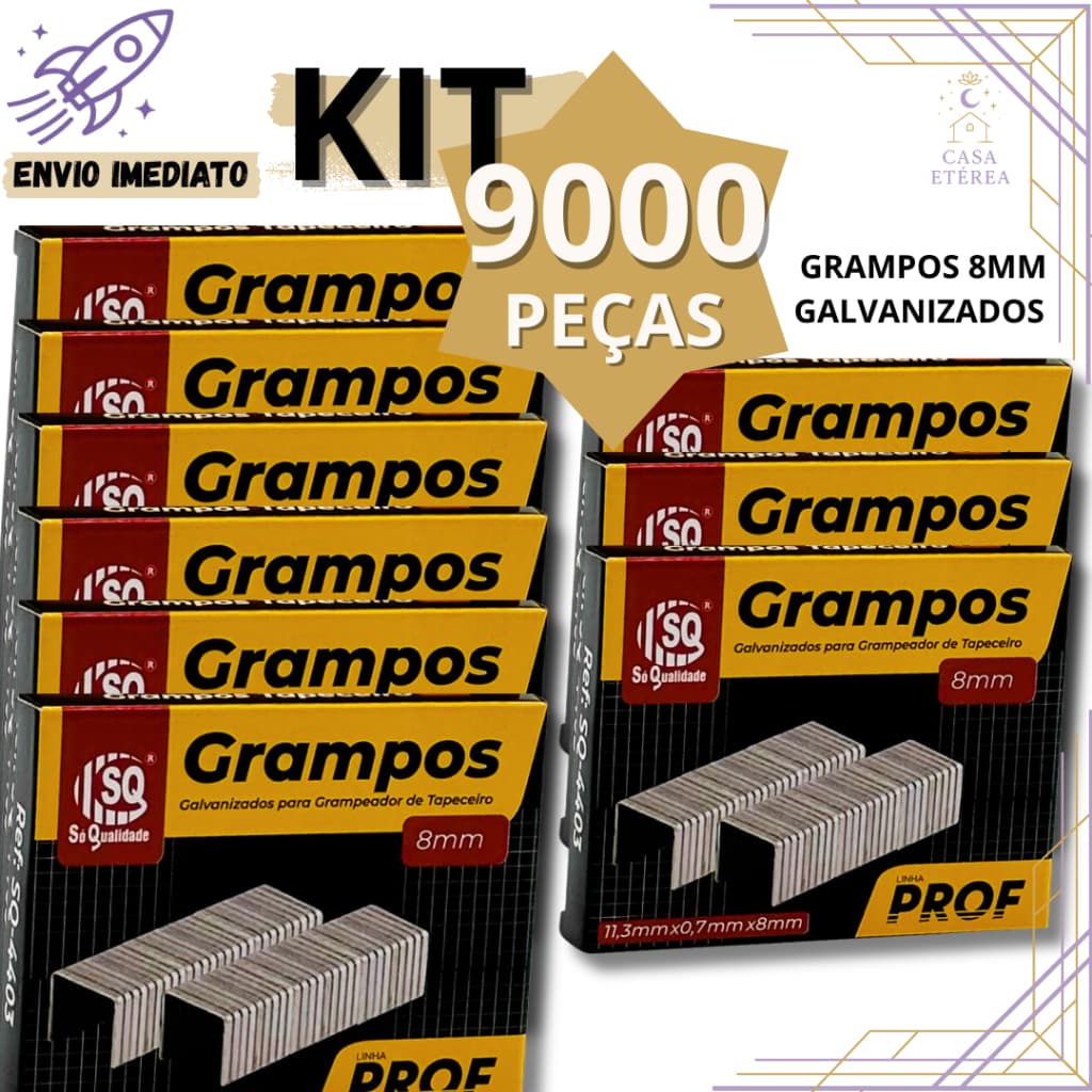 Kit 9.000 MIL Grampo 8mm Galvanizado Profissional Alta Qualidade para Tapeceiro Estofador Marcenaria e Artesanato