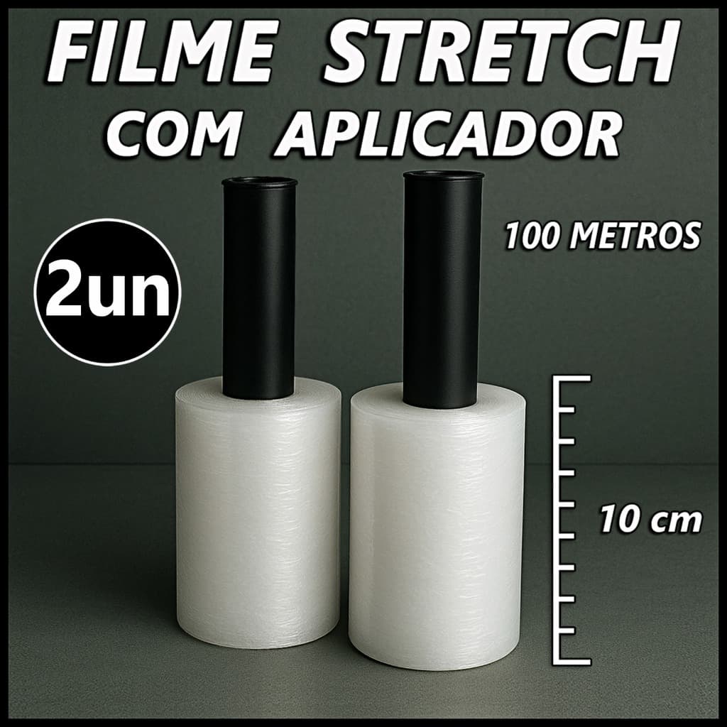Filme Stretch C/ Aplicador 2 Unidades Rolo Filme Stretch C/ Manopla 10cm x100m Atacado Pronto Envio.