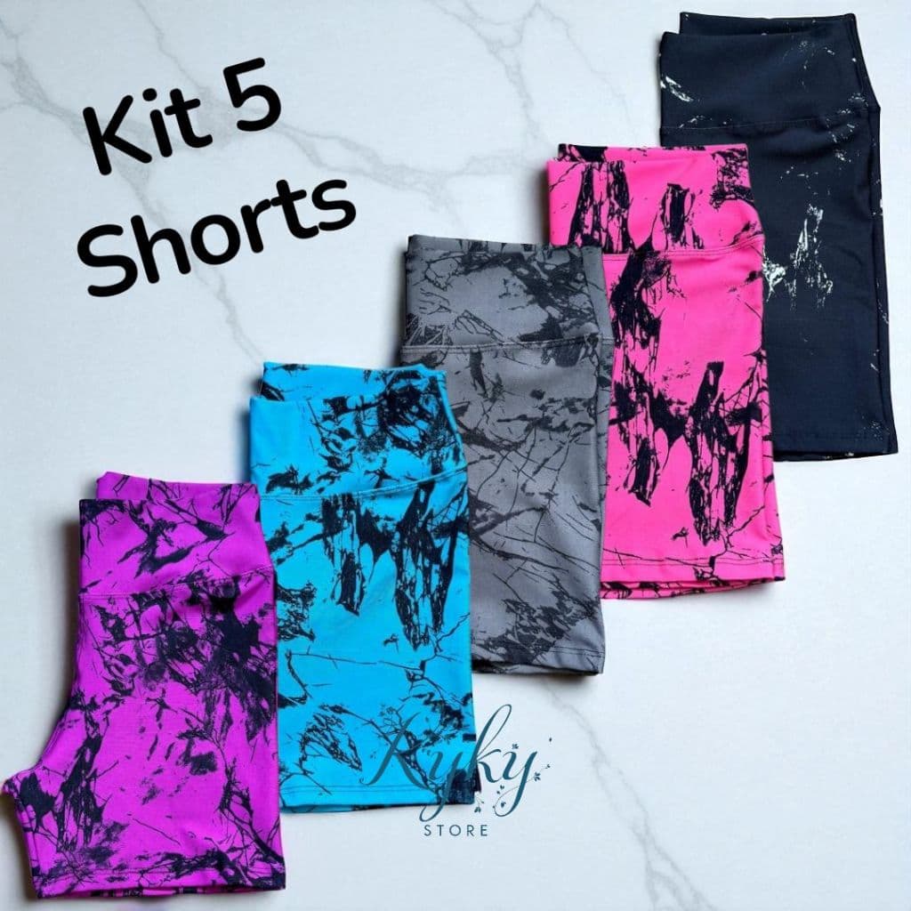 Kit 5 Shorts Feminino Fitness Tie Dye Marmorizado Roupa Academia Cintura Alta Zero Transparencia