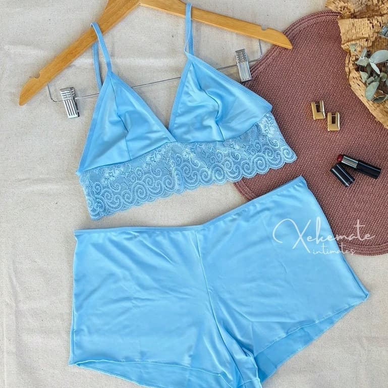 Conjunto de Lingerie Sem Bojo Baby Doll Renda Liganete Shortinho Lingerie Feminina Moda Intima