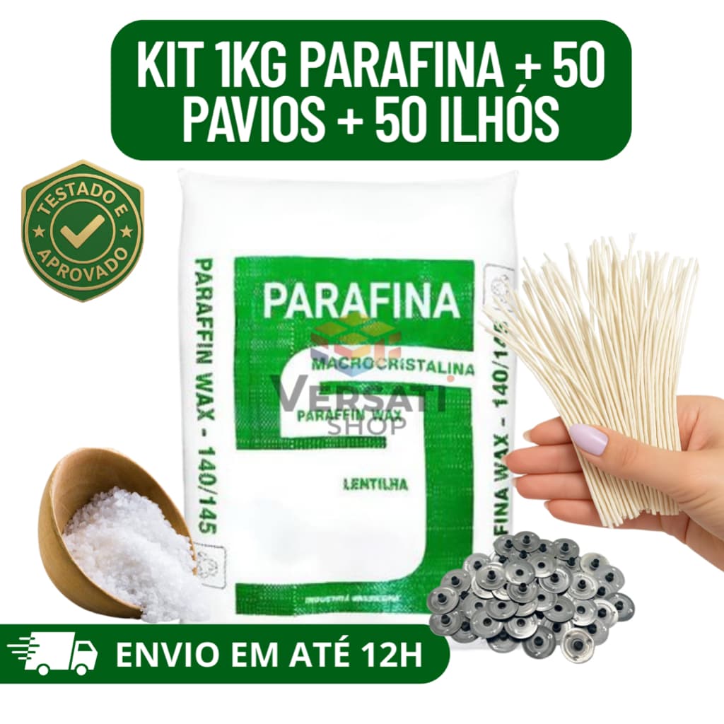 Parafina Lentilha 140/145 1kg + 50 Ilhós + 50 pavios de 12cm para velas artesanais