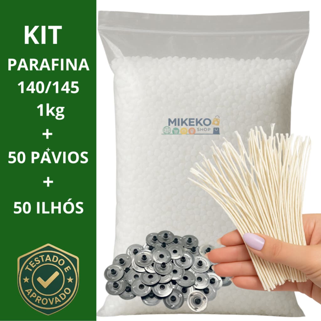 Parafina Lentilha 140/145 1kg + 50 Ilhós + 50 pavios de 12cm altura para velas artesanais
