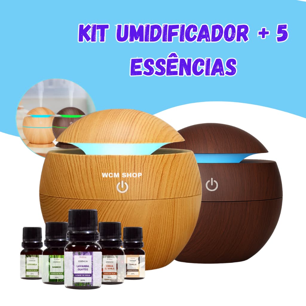 Kit Umidificador Aromatizador Difusor de Ambientes Ultrassônico + 5 Essências 10ml
