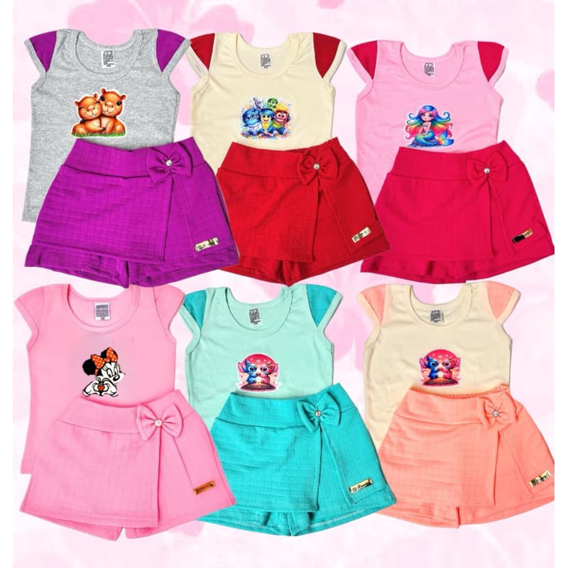 Conjunto Infantil Blusa e SHORT saia Estampa aleatoria Menina – Moda Verão Roupa Infantil Estilo Princesa Confortável