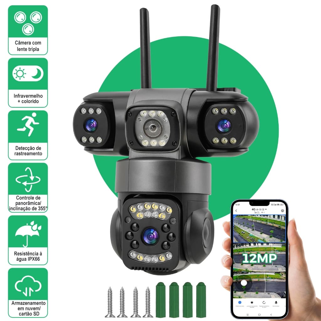 Câmera Tripla Inteligente 360° Wifi 4k Ultra Interna Externa Preto